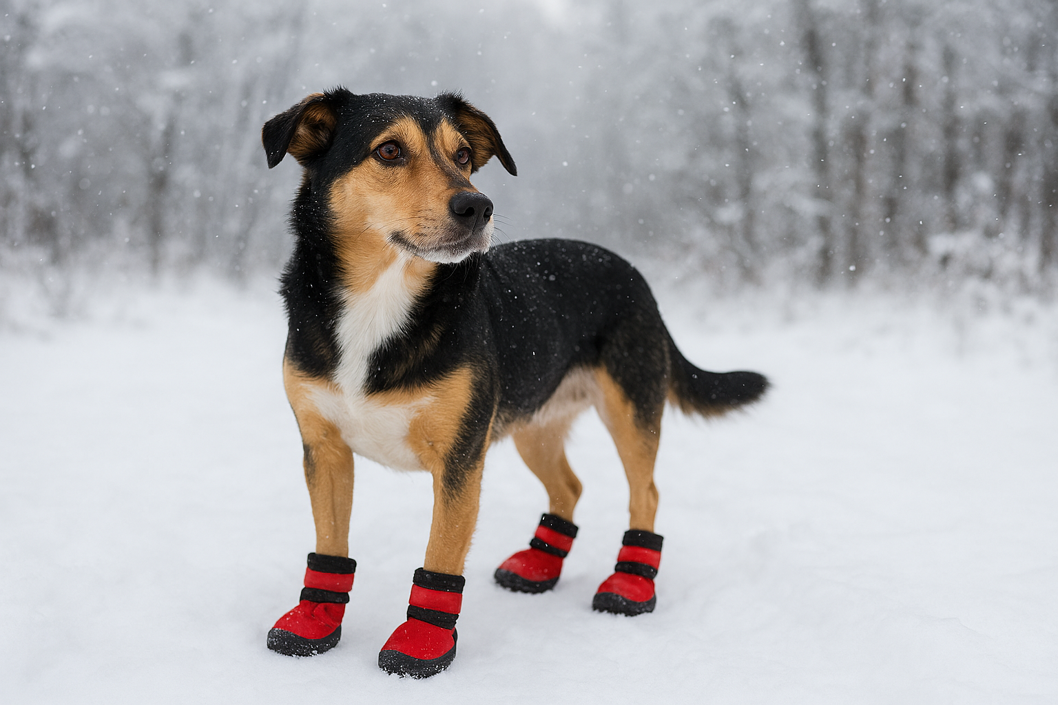 Dog wearing red boots standing in the snow with a forest background