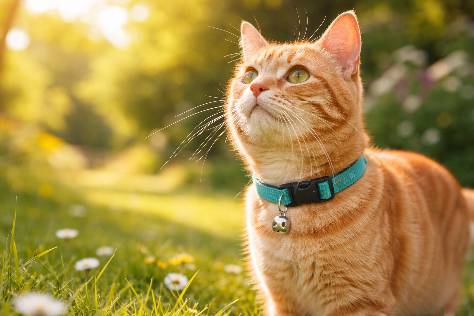 Orange cat with a green collar sitting on grass in a park