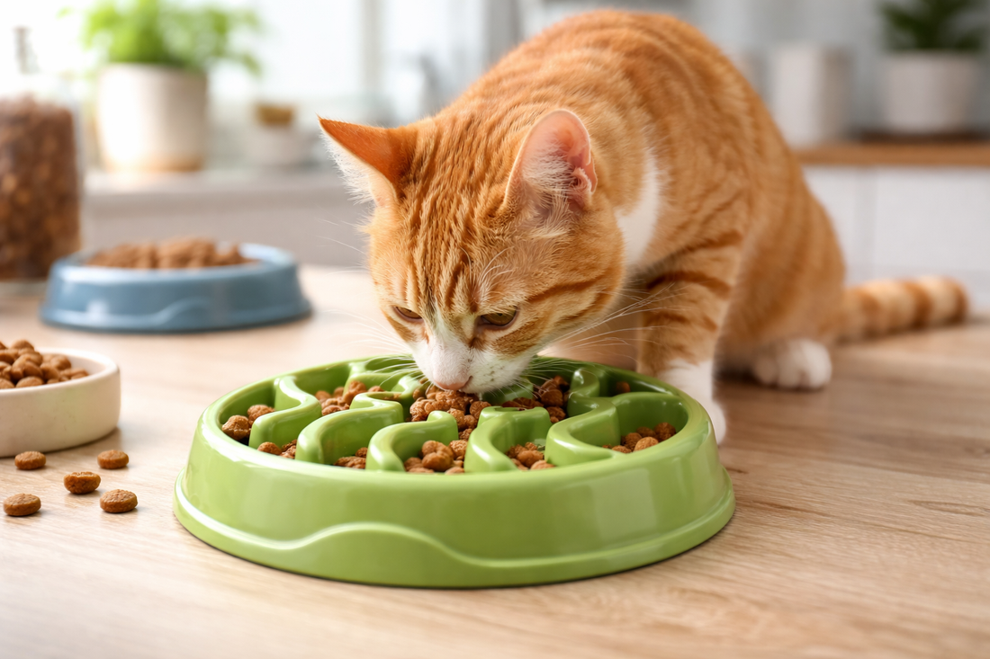 Cat eating from a green slow feeder on a wooden table with pet food scattered around.