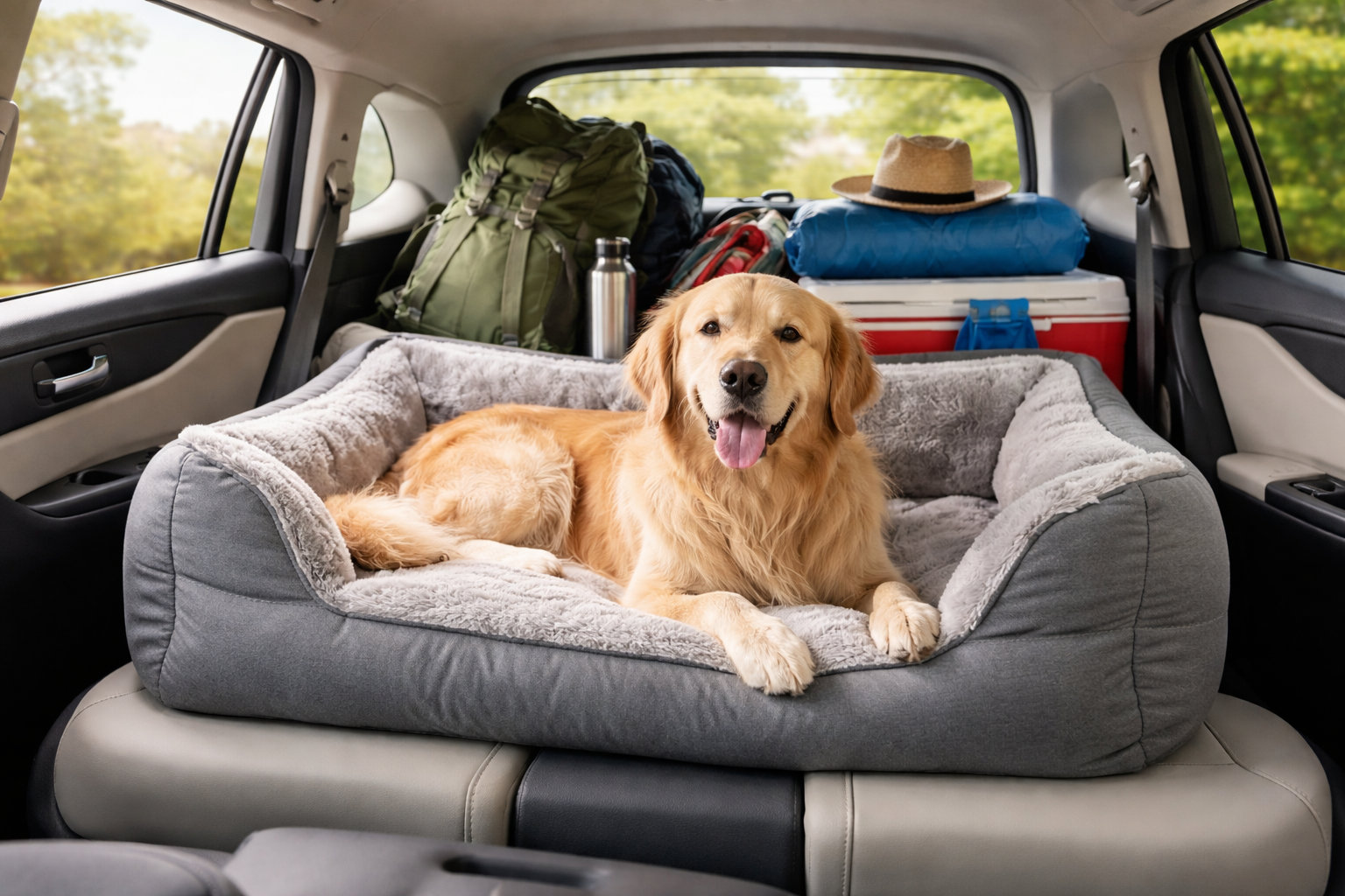 Dog lying on a pet bed in the back of a car with camping gear.