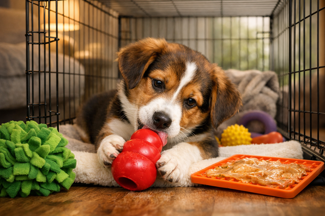 A young brown and white dog lying inside a crate on a soft bed, licking a red KONG treat dispenser surrounded by a green snuffle ball, an orange LickiMat, and other colorful toys, with warm indoor lighting in the background.