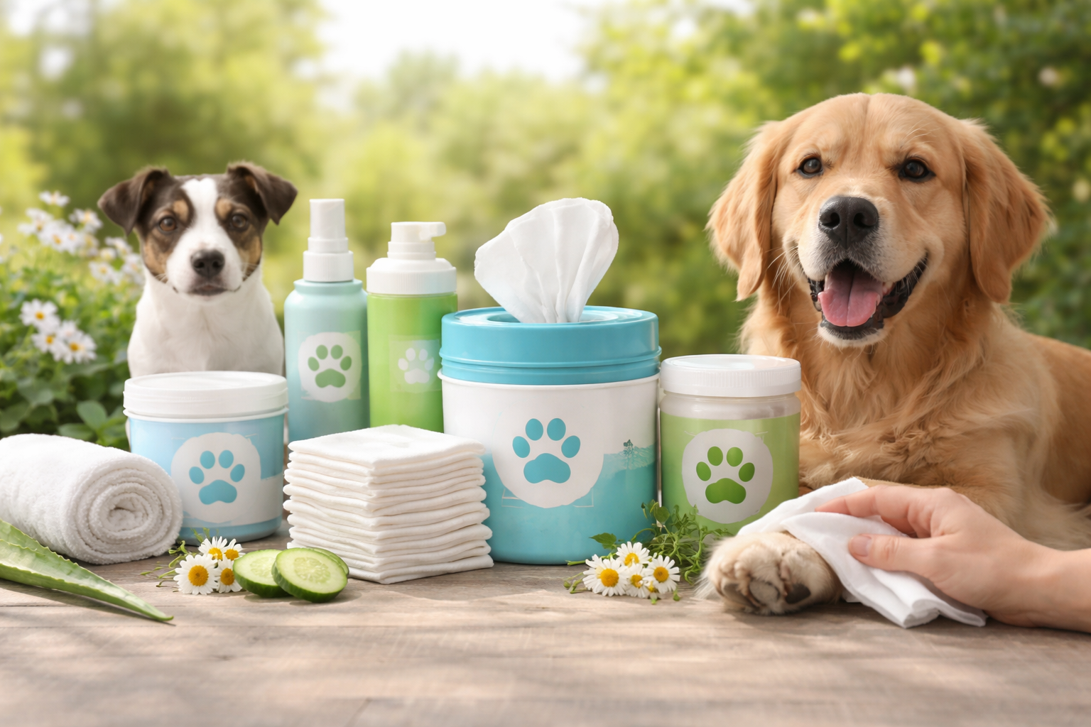 Pet care products including bottles, wipes, and containers with paw prints on a wooden table outdoors.