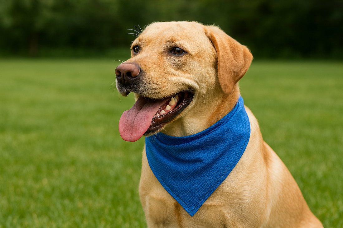 Dog wearing a blue bandana on a grassy field