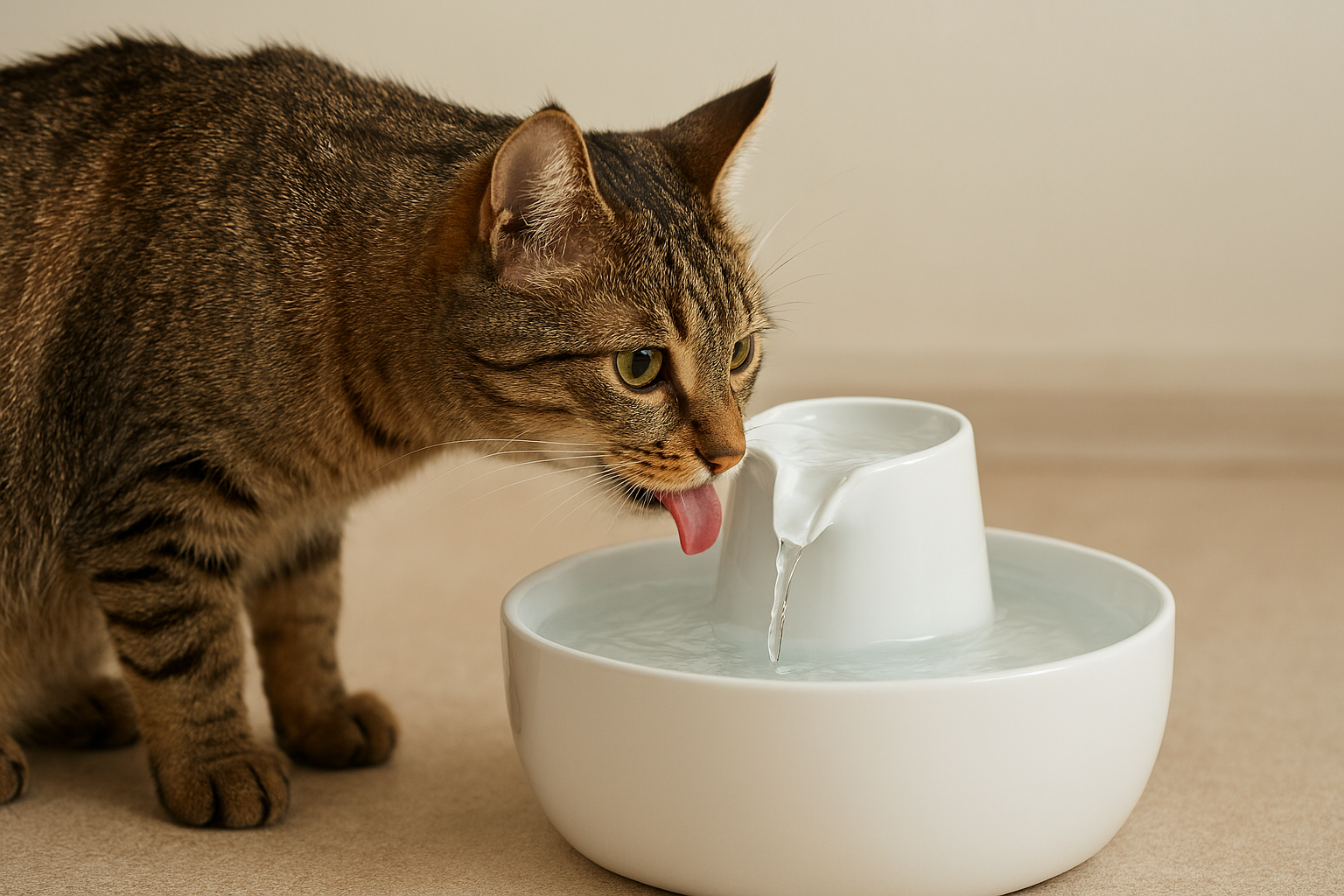 Cat drinking water from a white pet fountain on a beige surface