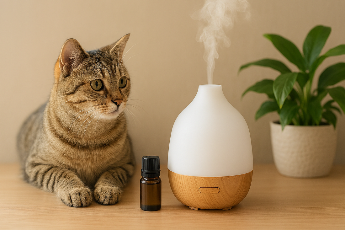 Cat sitting next to a diffuser and bottle on a table with a plant in the background