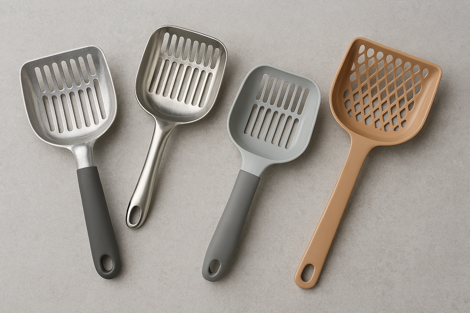 Four cat litter scoops in different colors on a gray background