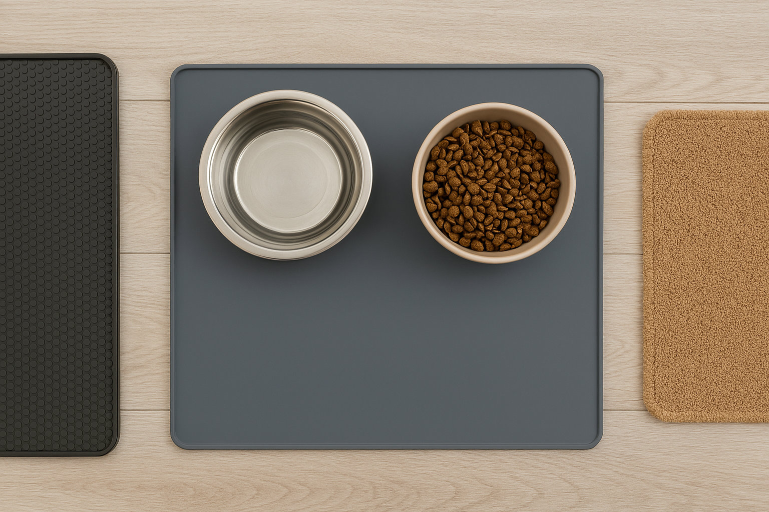 Two bowls on a gray mat with a wooden floor background