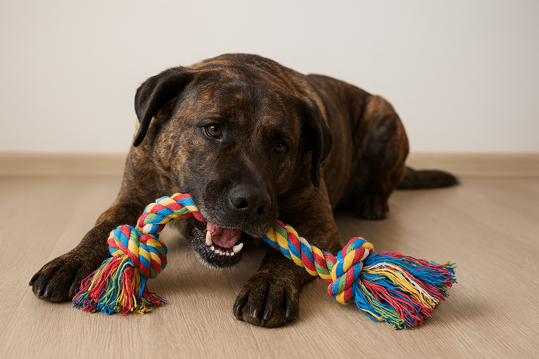 A dog playing with a rope toy