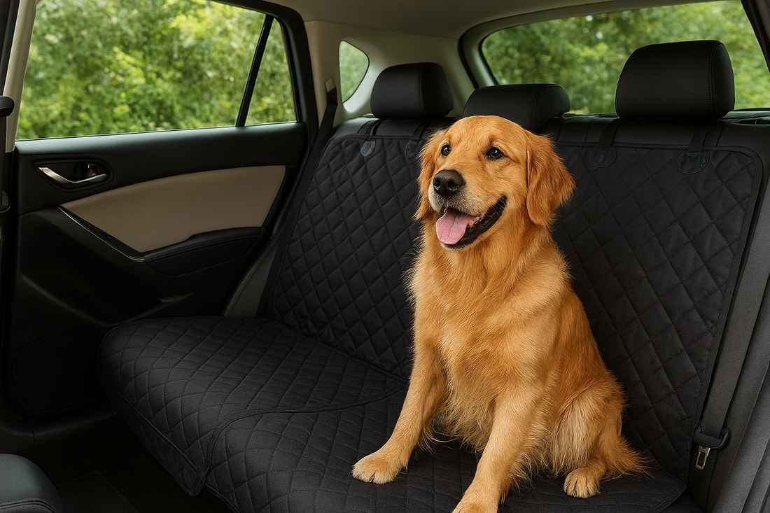 dog sitting on a car seat cover.