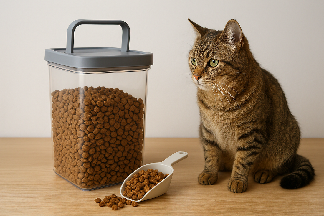 Cat sitting next to a container of cat food on a wooden surface