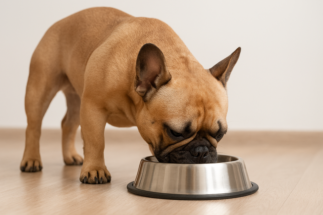 Dog eating from a metal bowl on a wooden floor.