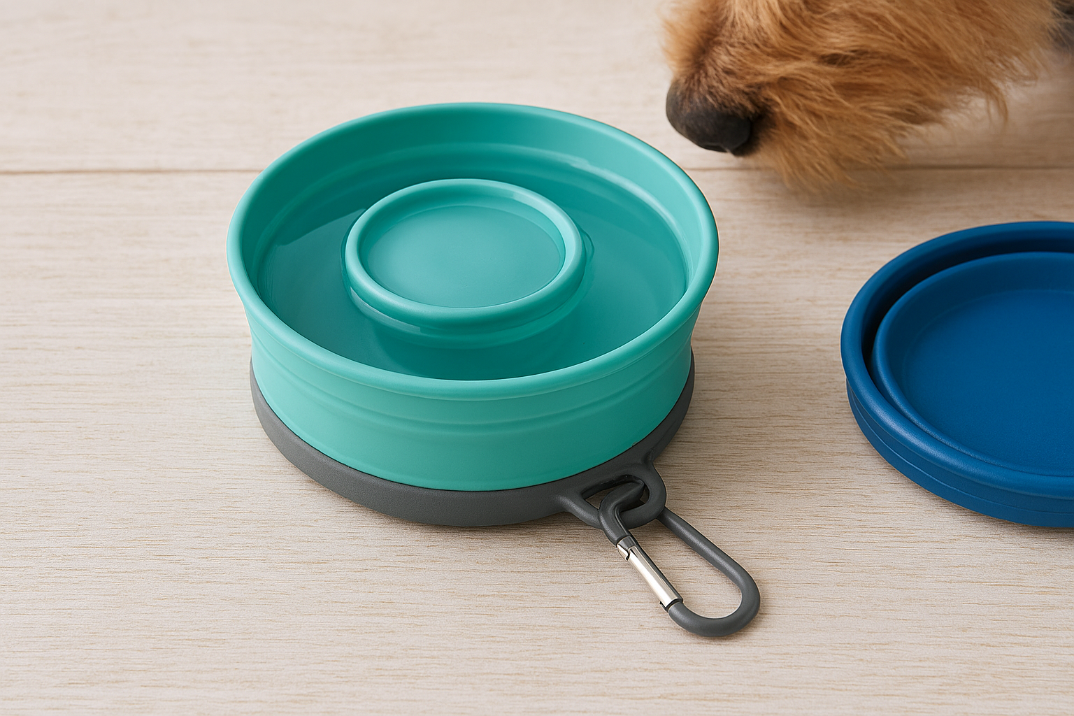 Teal and blue collapsible pet bowls on a light wooden surface with a dog in the background.