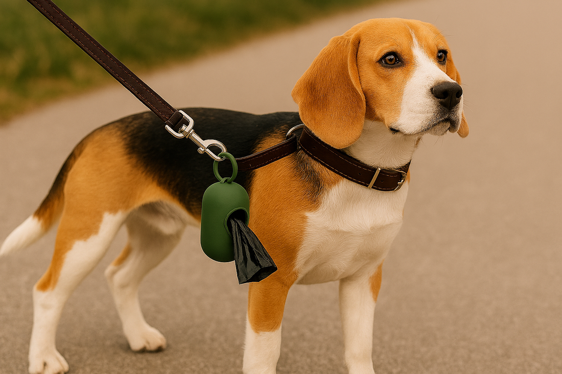 A dog poop bag holder attached to the leash of a dog.