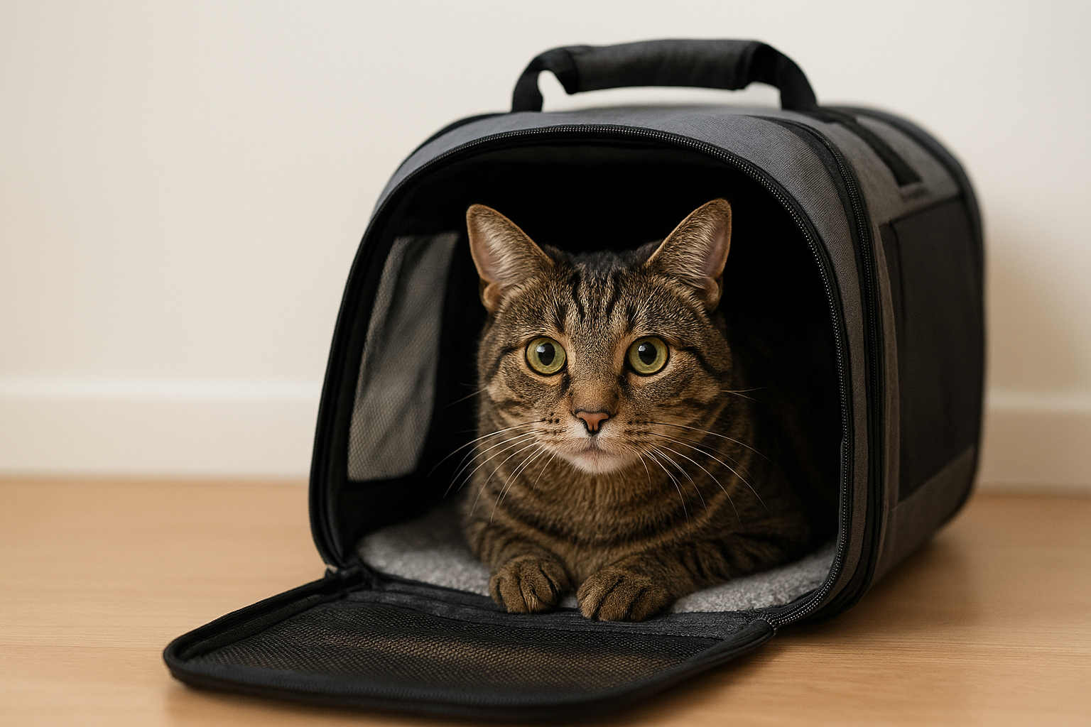 Cat sitting inside a black pet carrier on a wooden floor.