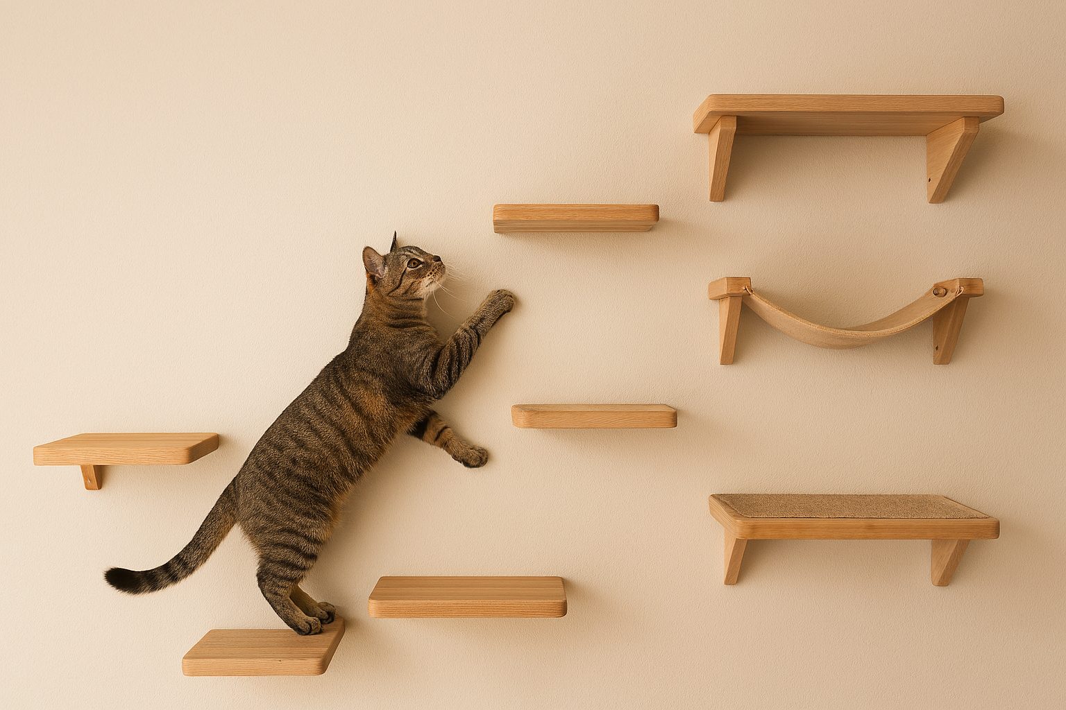 Cat climbing on wooden shelves against a beige wall