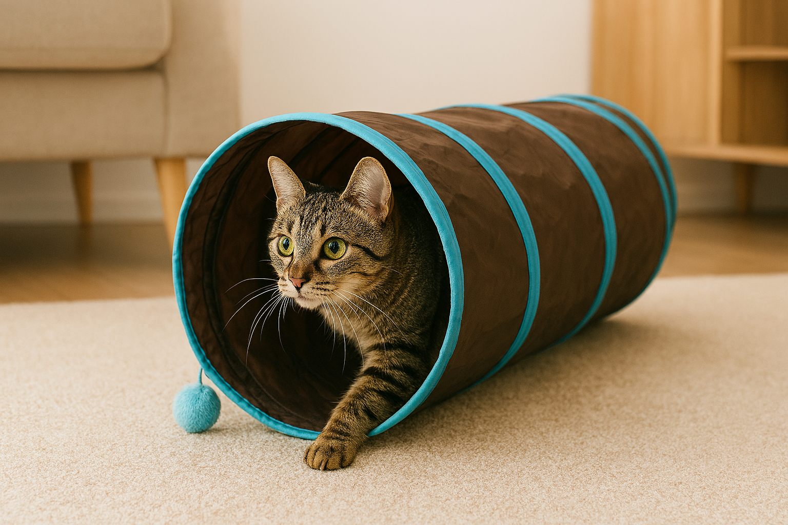 Cat playing with a brown tunnel with blue trim on a carpeted floor.