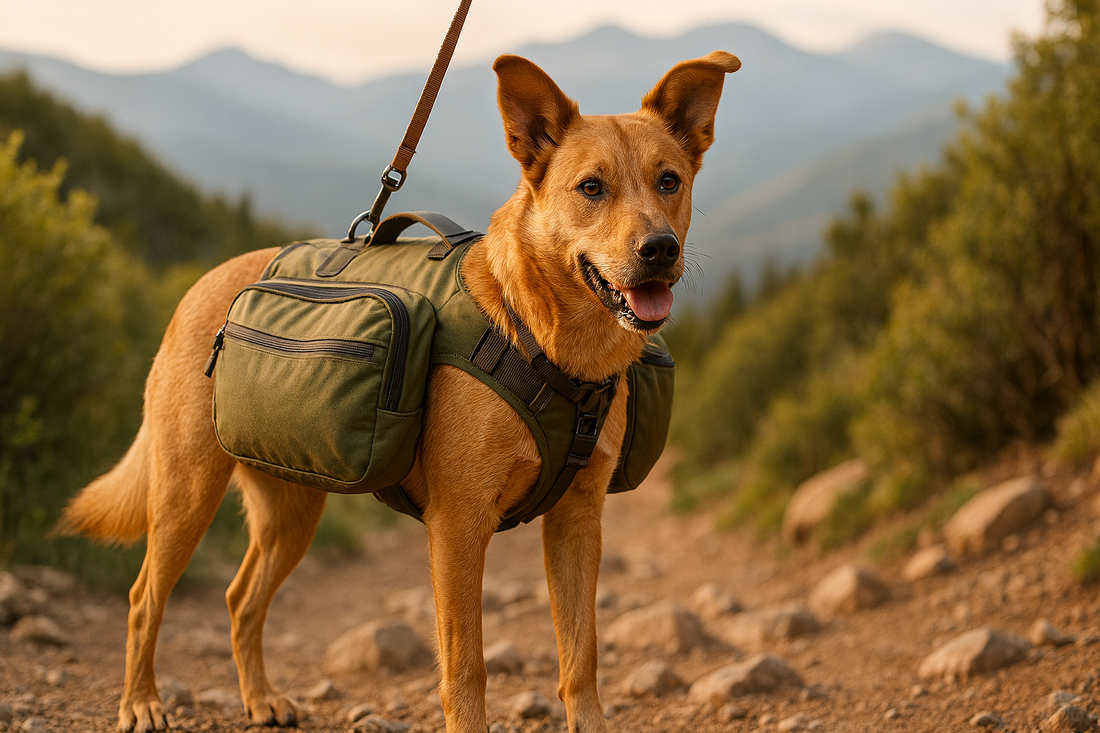 Dog on a leash with a green backpack in a mountainous landscape