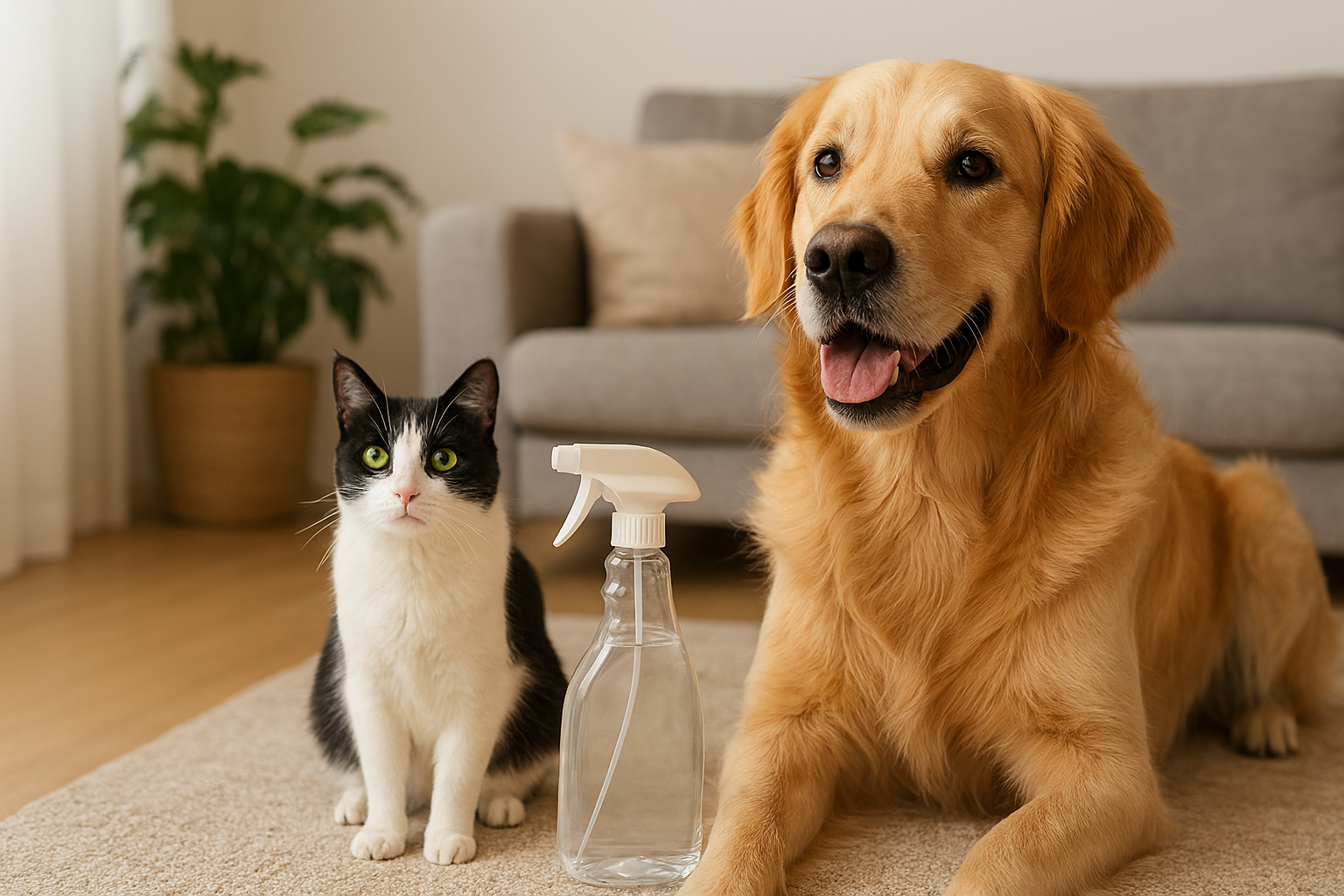 Dog and cat sitting on a carpet with a spray bottle between them in a living room.