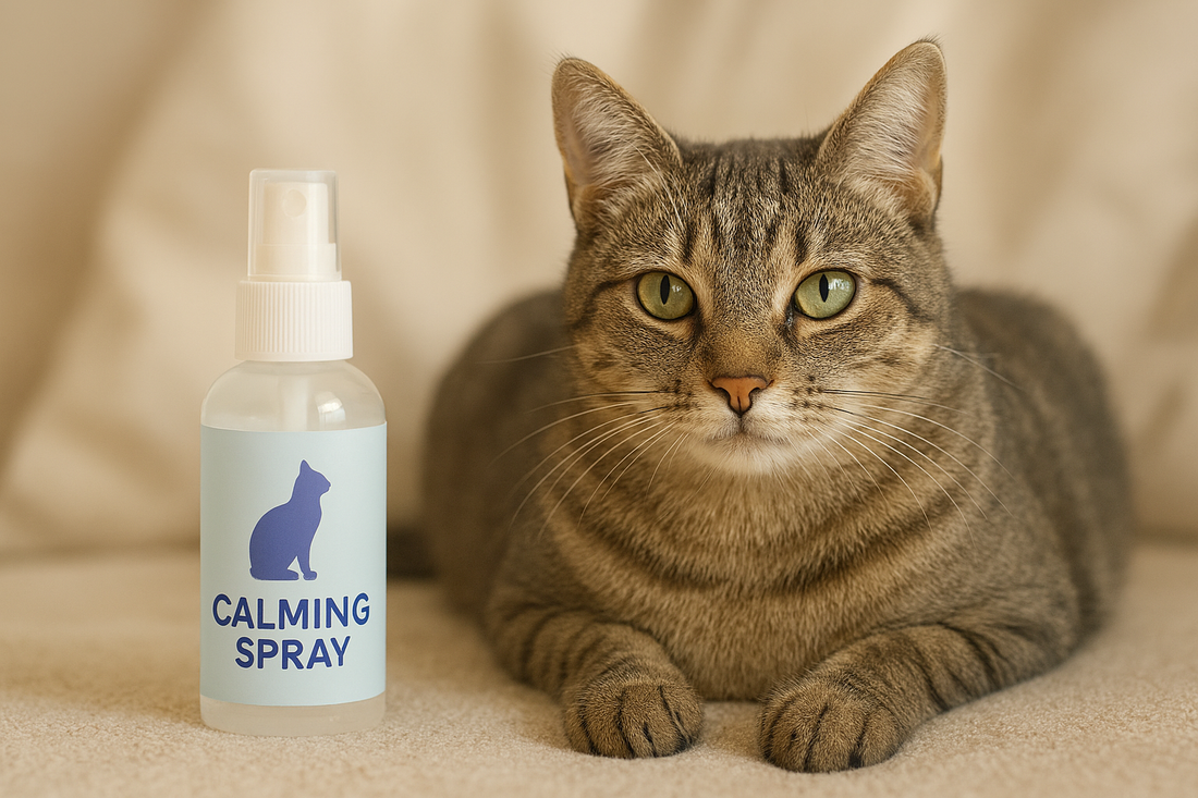 Cat next to a bottle of calming spray on a beige surface