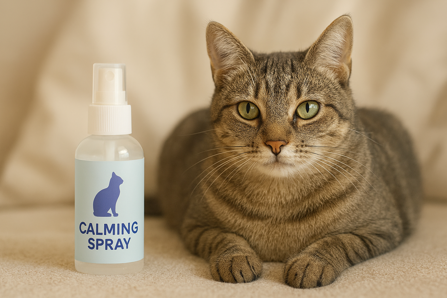 Cat next to a bottle of calming spray on a beige surface