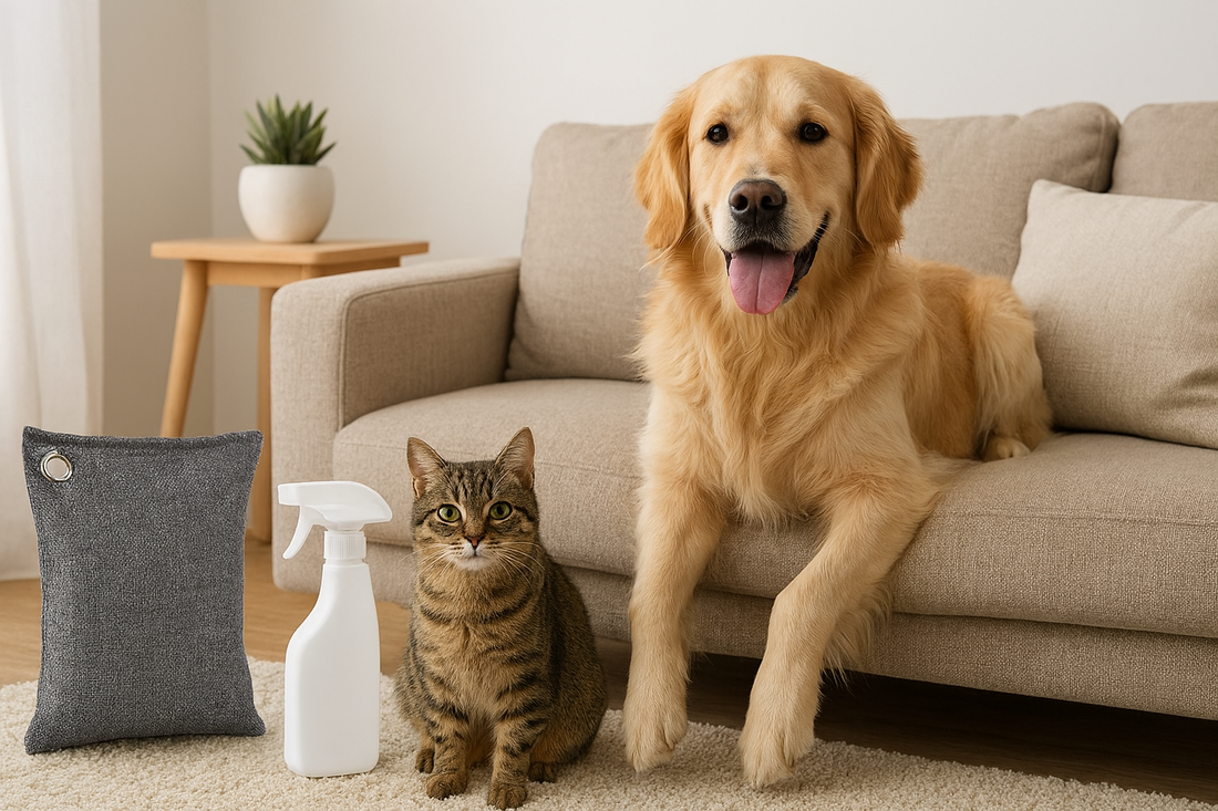 Dog and cat sitting on a couch with a spray bottle and pillow in a living room.