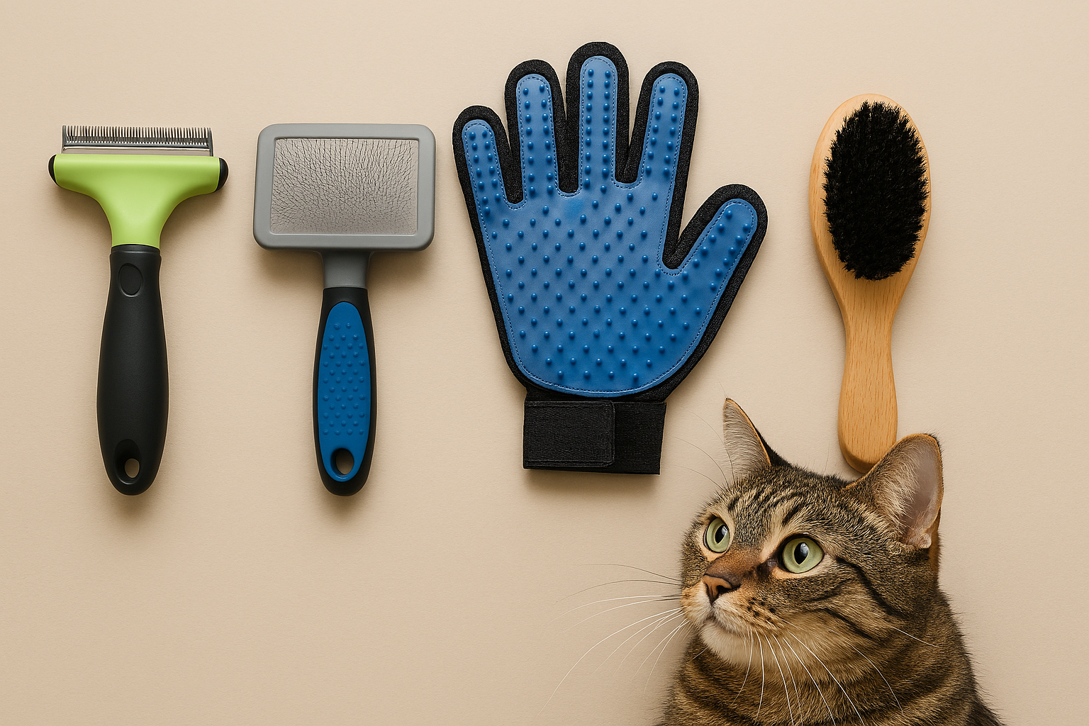 Pet grooming tools including a brush, deshedding tool, and glove on a beige background with a cat looking up.