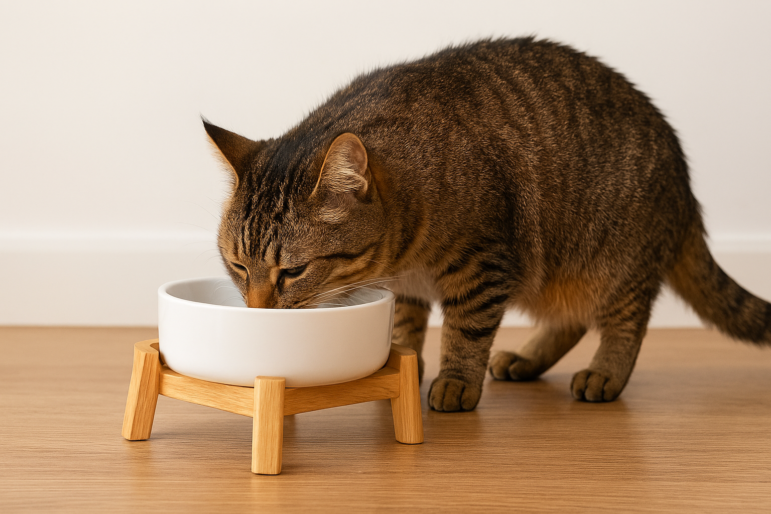 Tabby cat eating from an elevated ceramic bowl on a wooden stand in a cozy home setting.