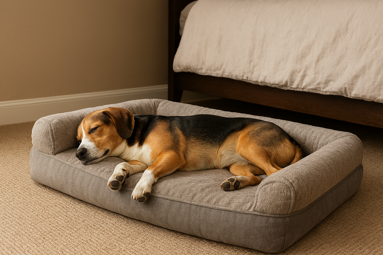 Dog resting on a cushioned pet bed in a bedroom setting.