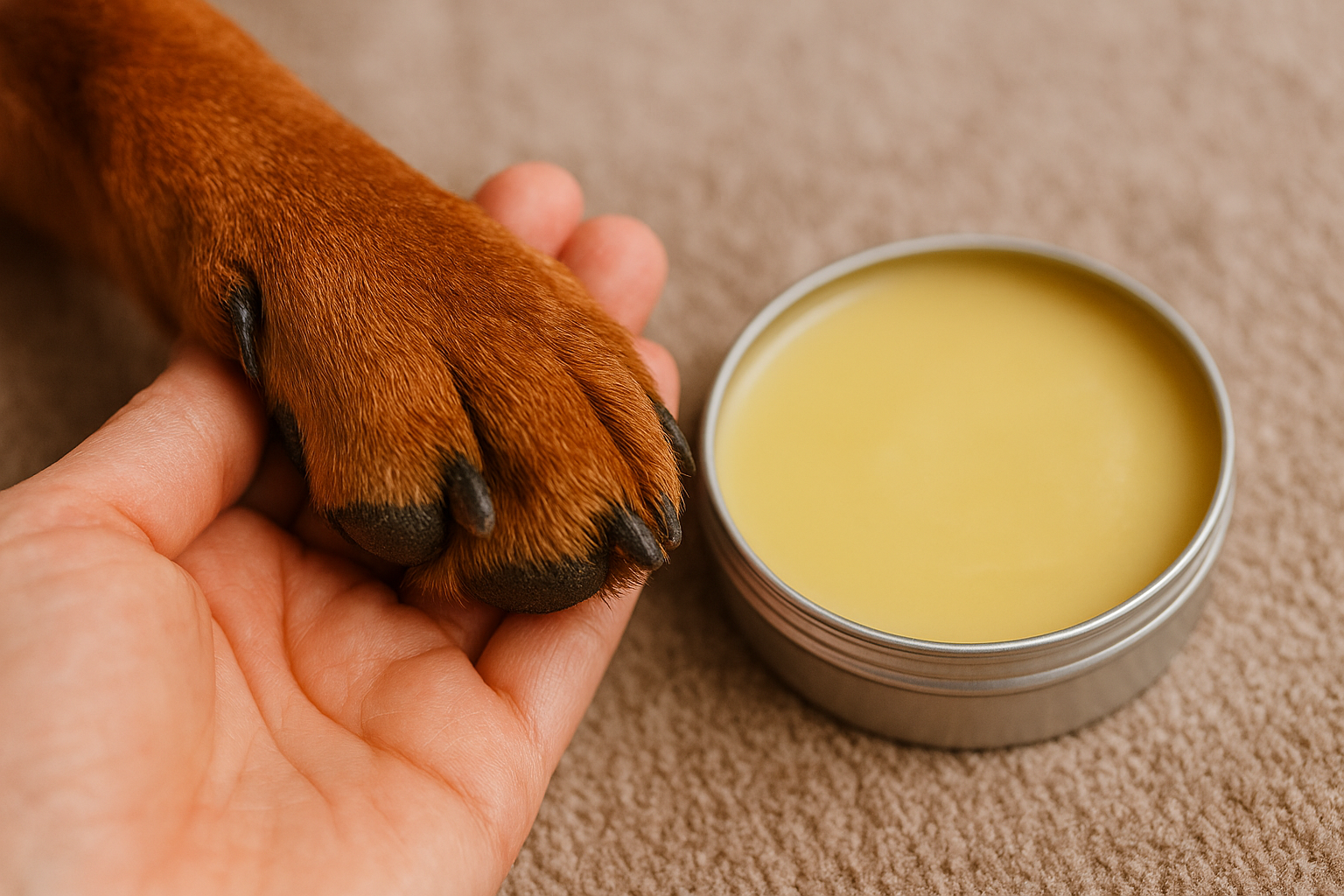 Dog paw being held over a container of yellow balm on a beige surface