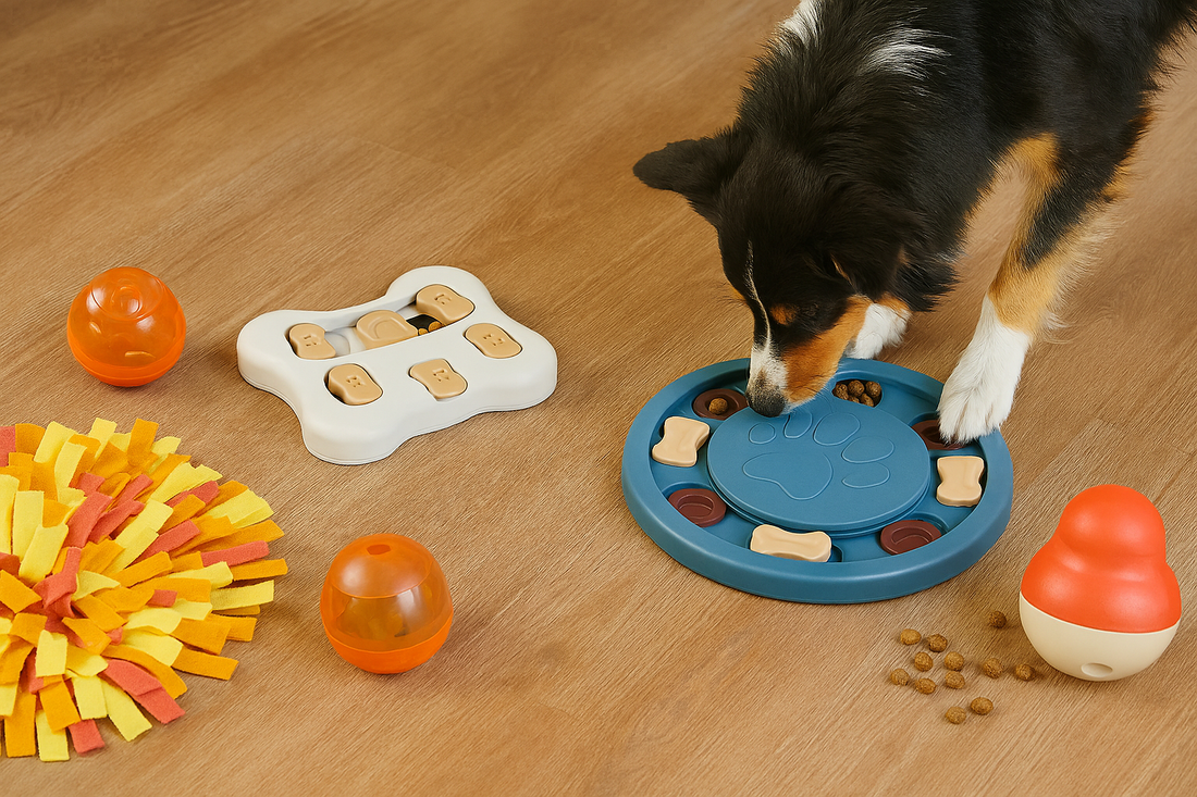 A happy Australian Shepherd dog interacts with a blue puzzle toy on a wooden floor, surrounded by colorful enrichment toys including a snuffle mat, treat-dispensing ball, and wobble toy.