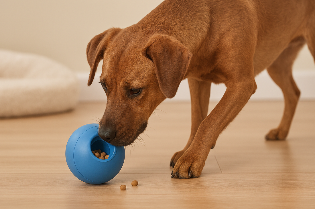 Dog interacting with a blue toy on a wooden floor