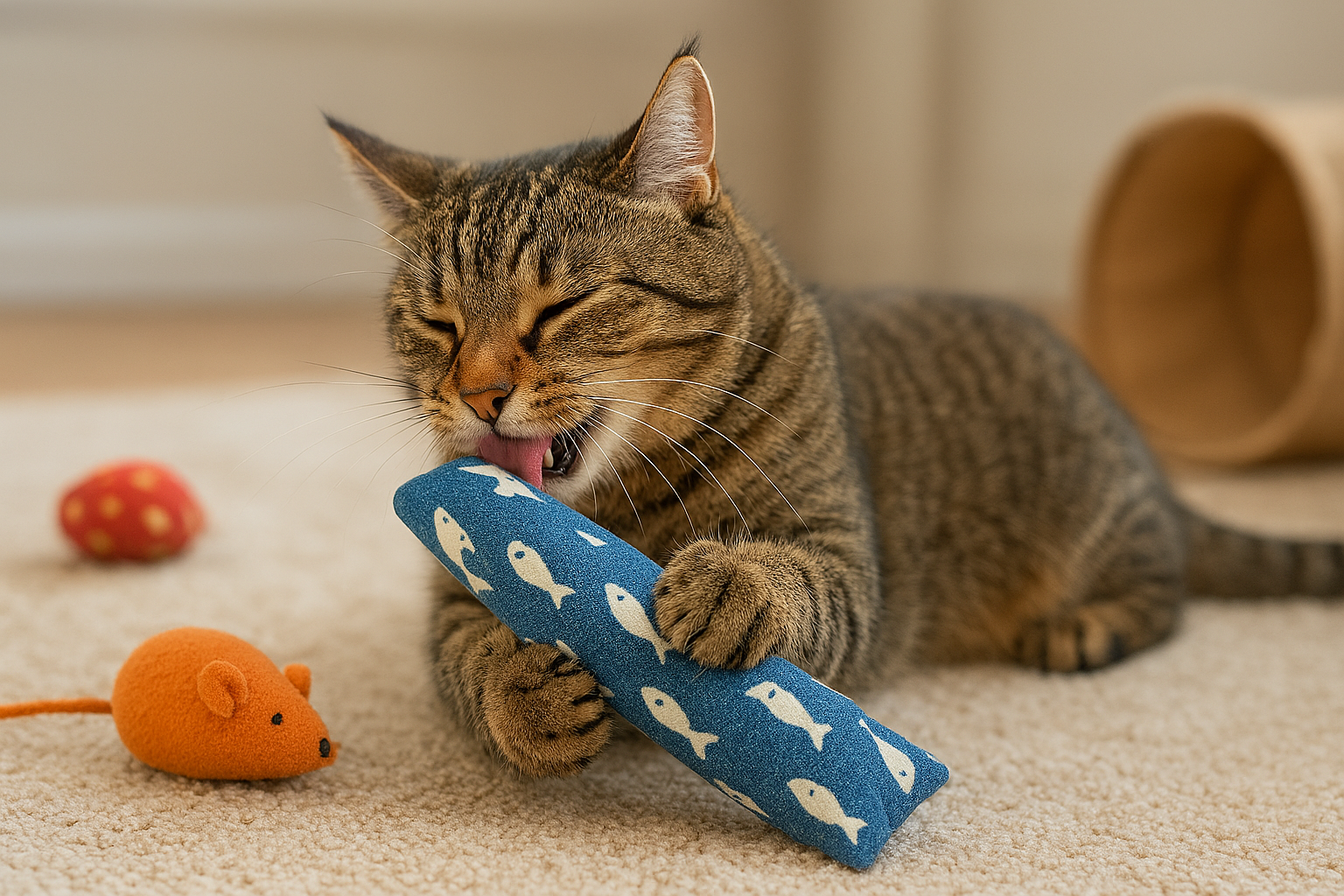 Cat playing with a blue toy on a carpeted floor