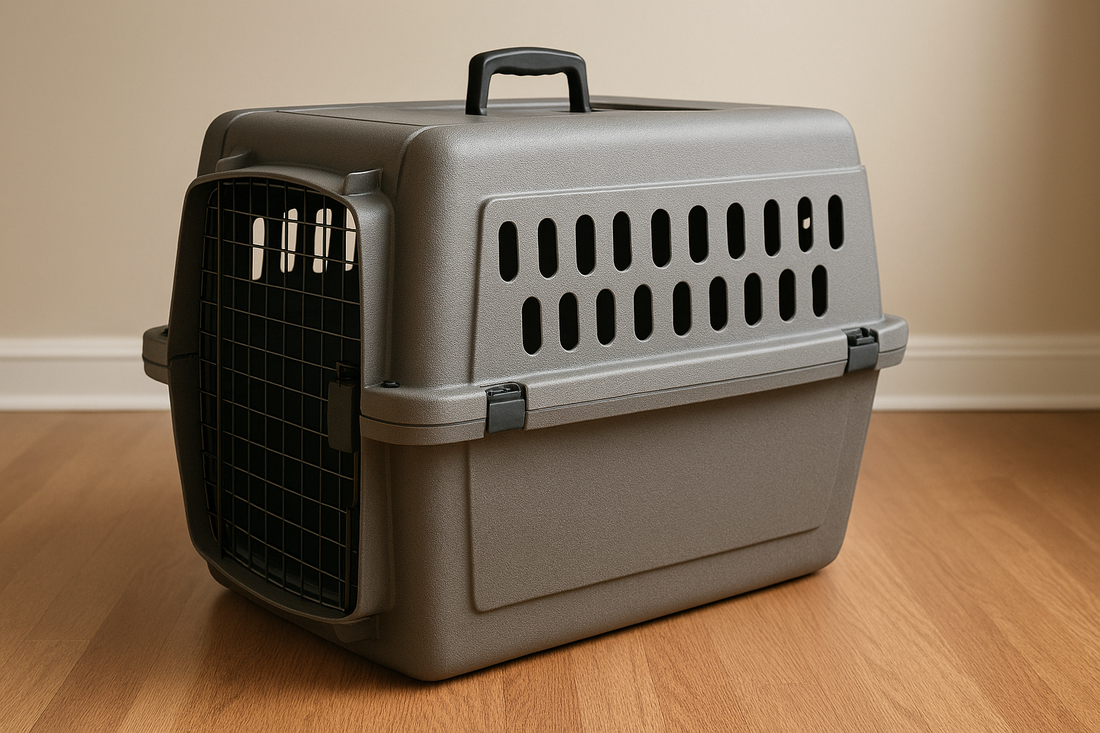 Pet carrier on a wooden floor with a beige wall background