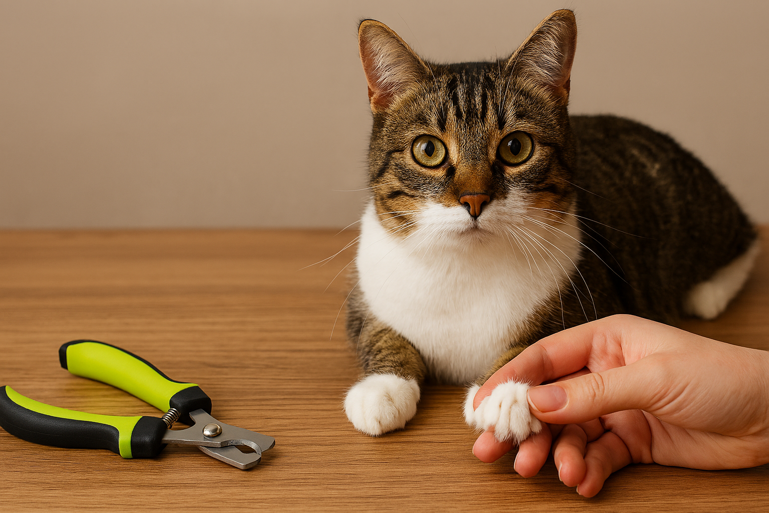 Cat sitting on a wooden surface with a hand holding a paw, next to a pair of green-handled nail clippers.