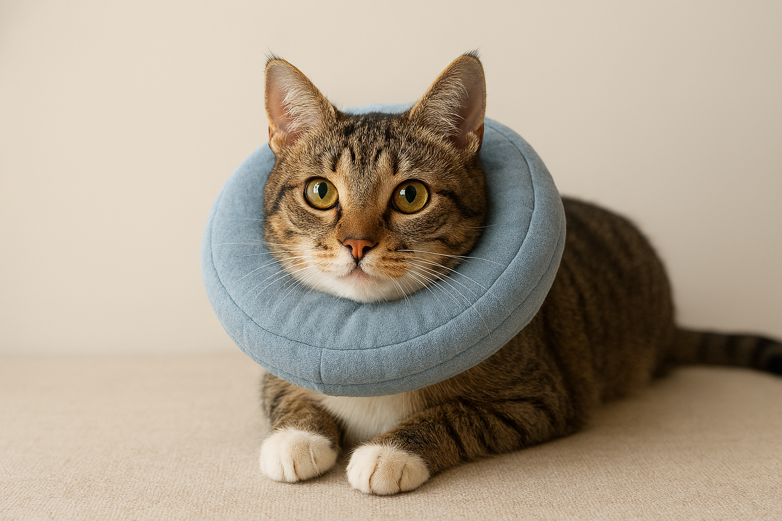 Cat wearing a blue cone collar on a beige background