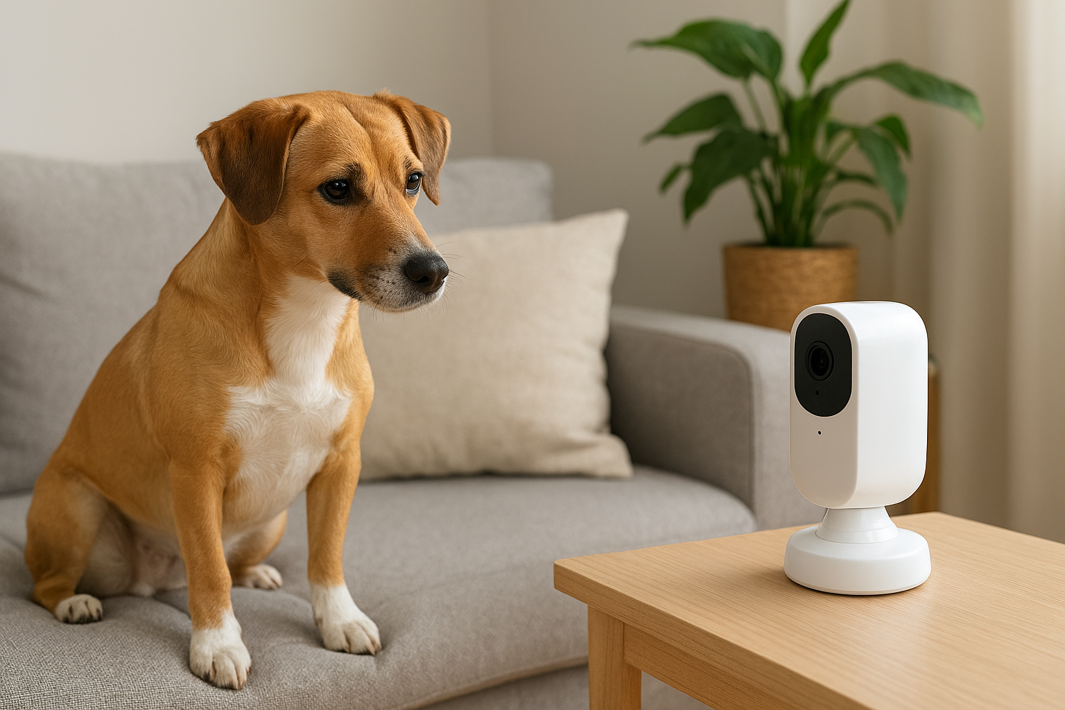 Dog sitting on a couch next to a white security camera on a table.