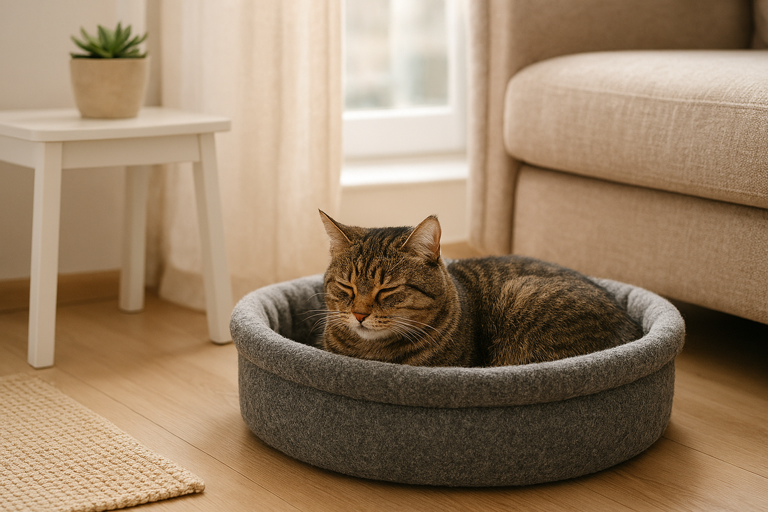 Cat sleeping in a cat bed.