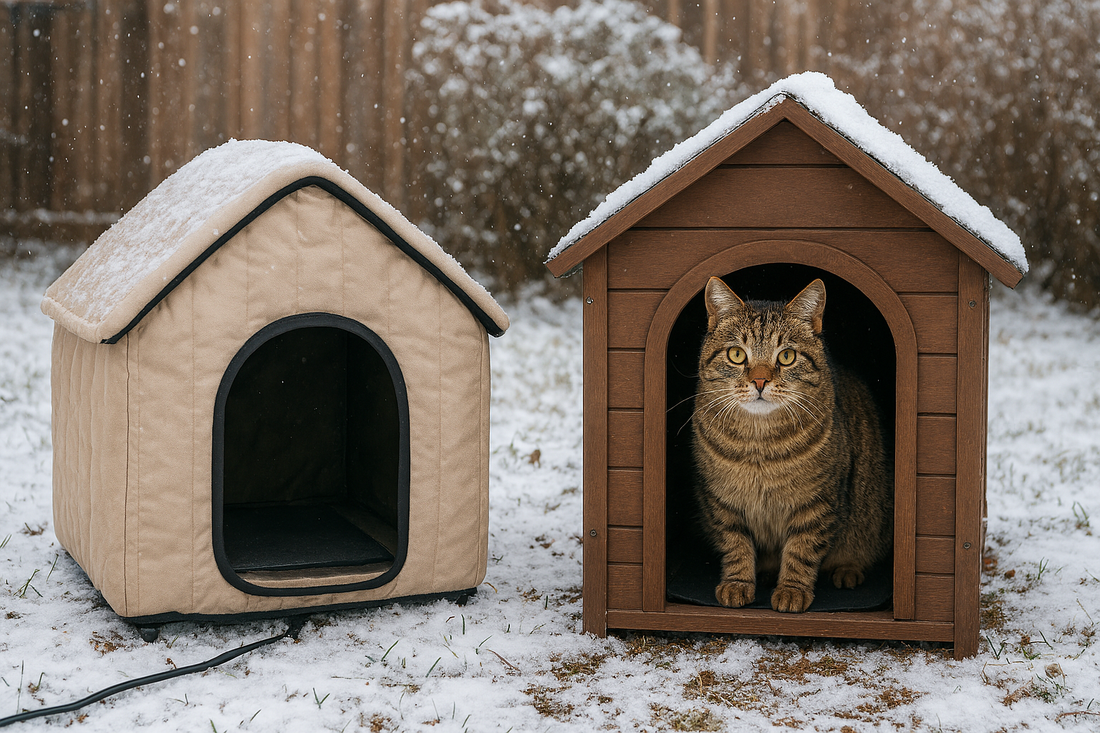 A cat in a cat house for winter.