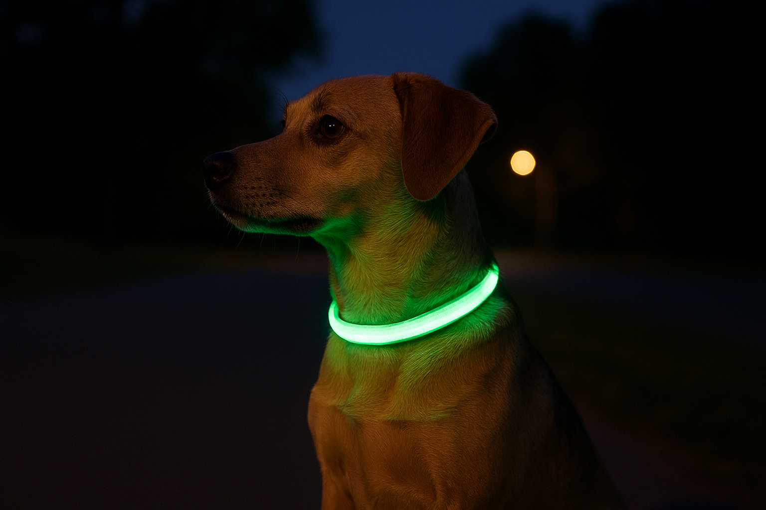 A tan dog wearing a glowing green LED collar sits attentively on a dim nighttime path, with blurred streetlights and trees in the background creating a soft, atmospheric scene.