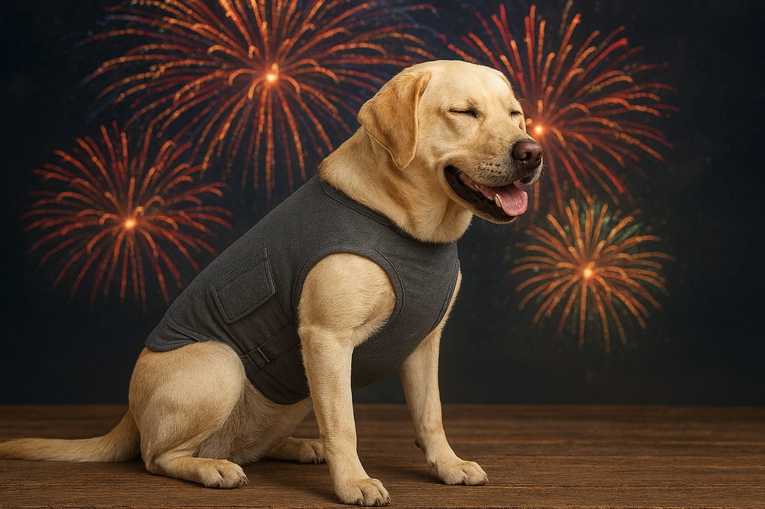 Dog wearing anxiety jacket for fireworks.