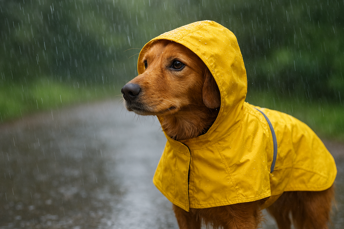 A dog wearing a yellow raincoat in rain.