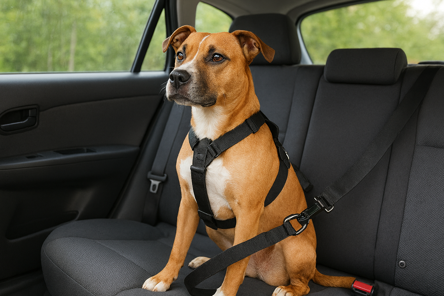 Dog sitting in a car with a harness on, looking out the window.