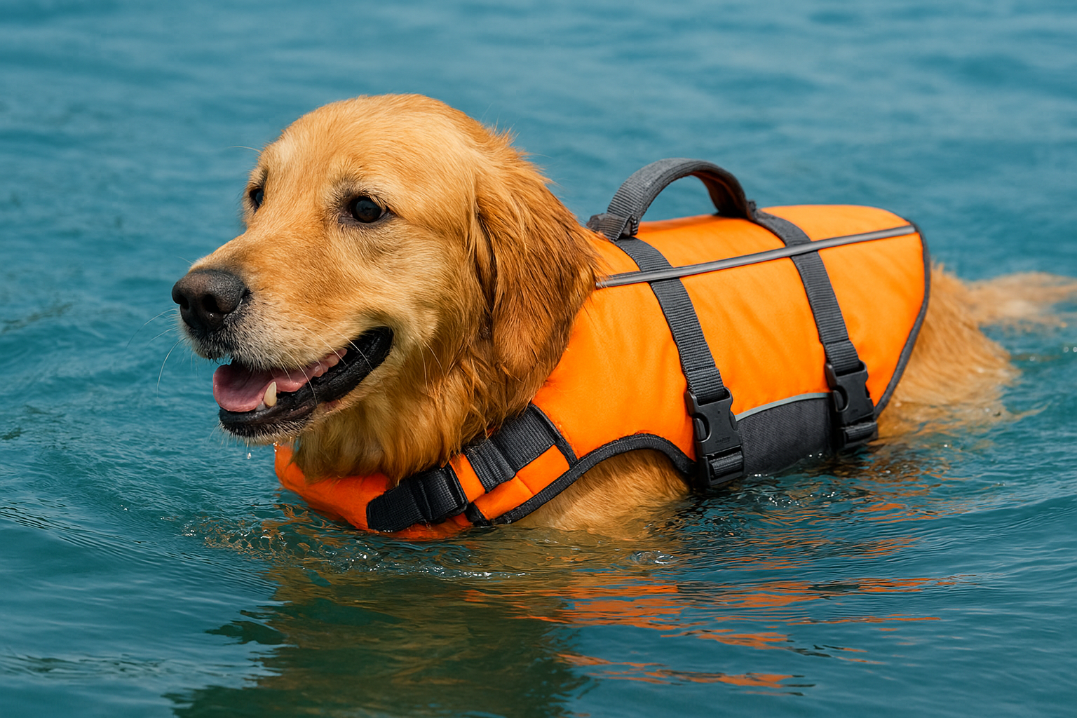 Dog wearing an orange life jacket in the water