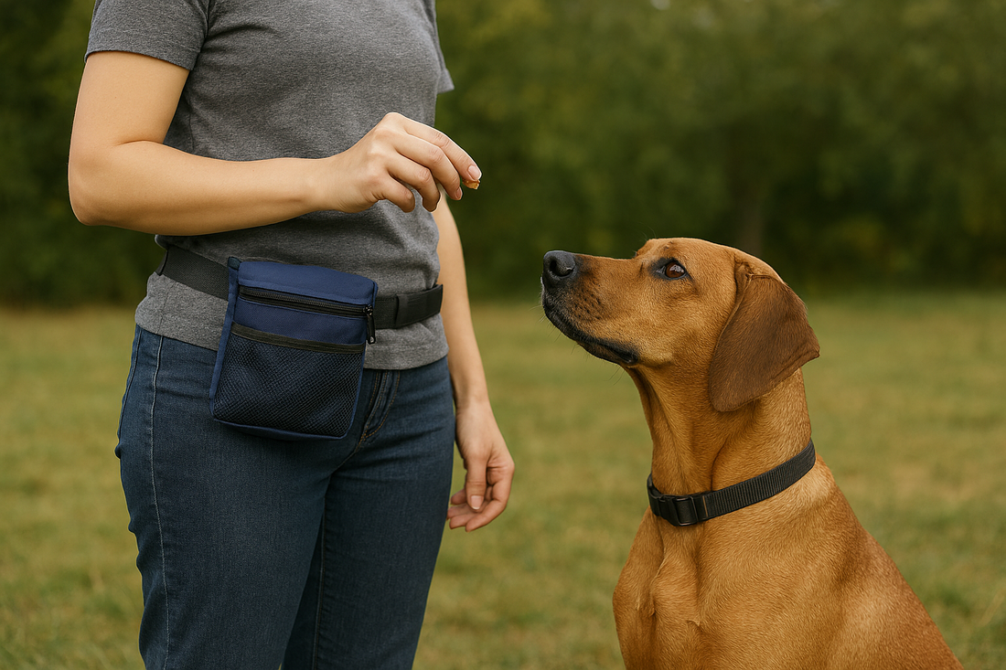 Person with a blue bag and a dog on a grassy field