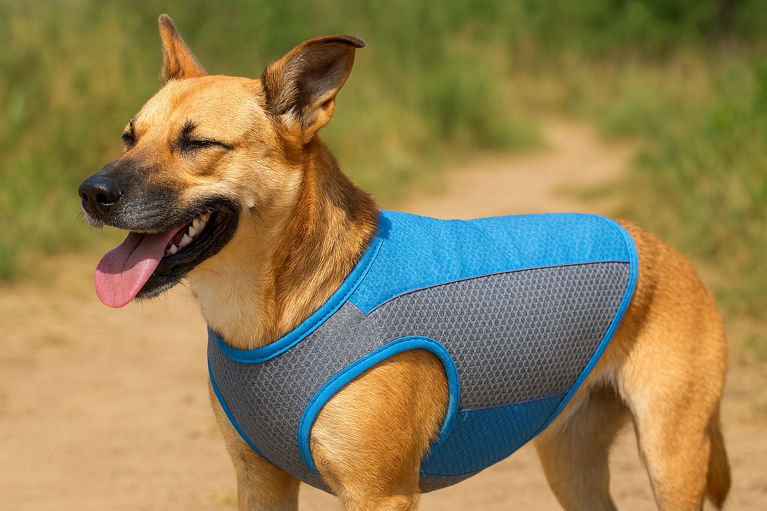 Dog wearing a blue and gray cooling harness outdoors on a dirt path.