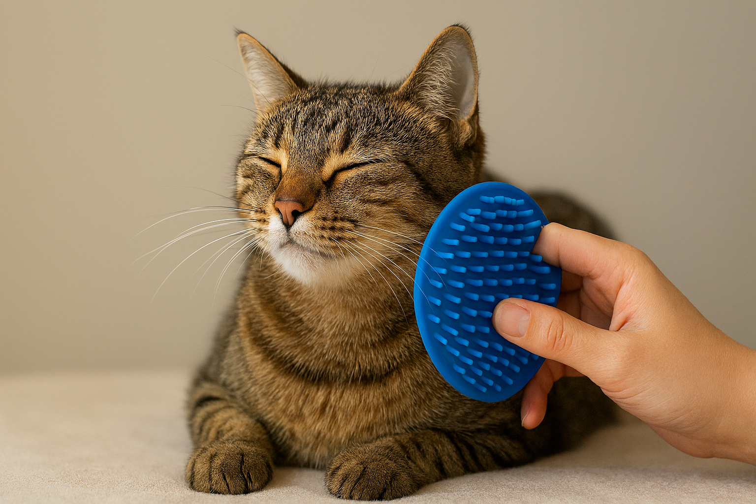 Cat being petted by a hand holding a blue grooming brush against a neutral background