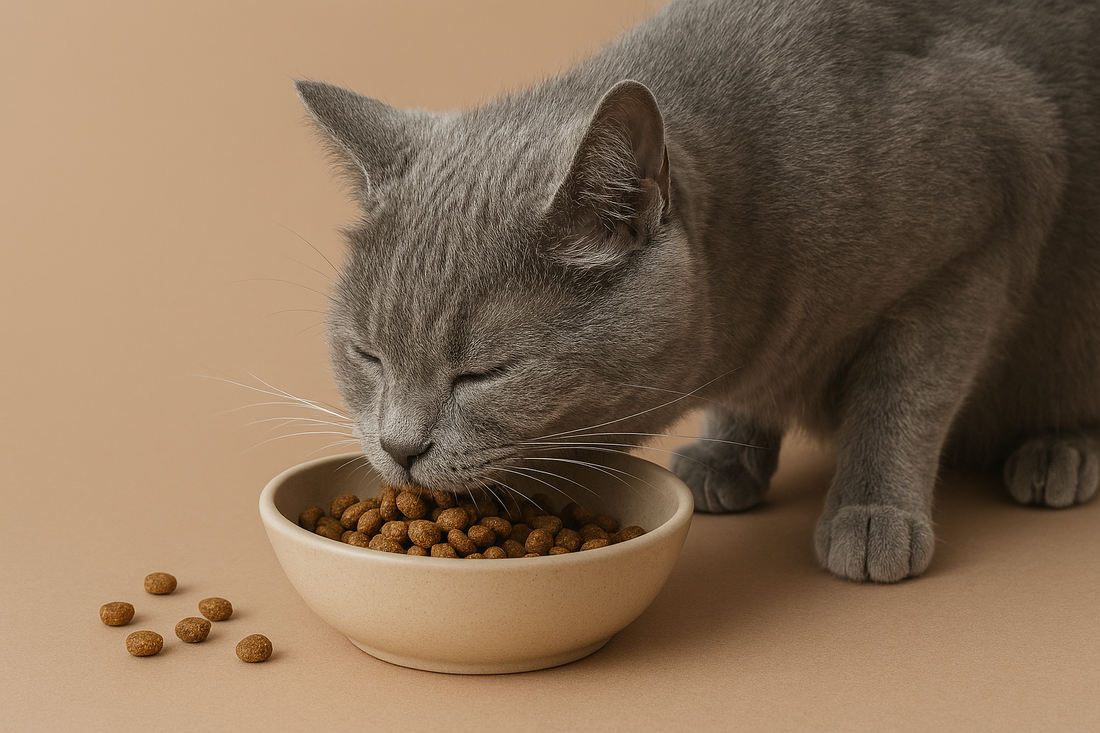 Cat eating food from a bowl 