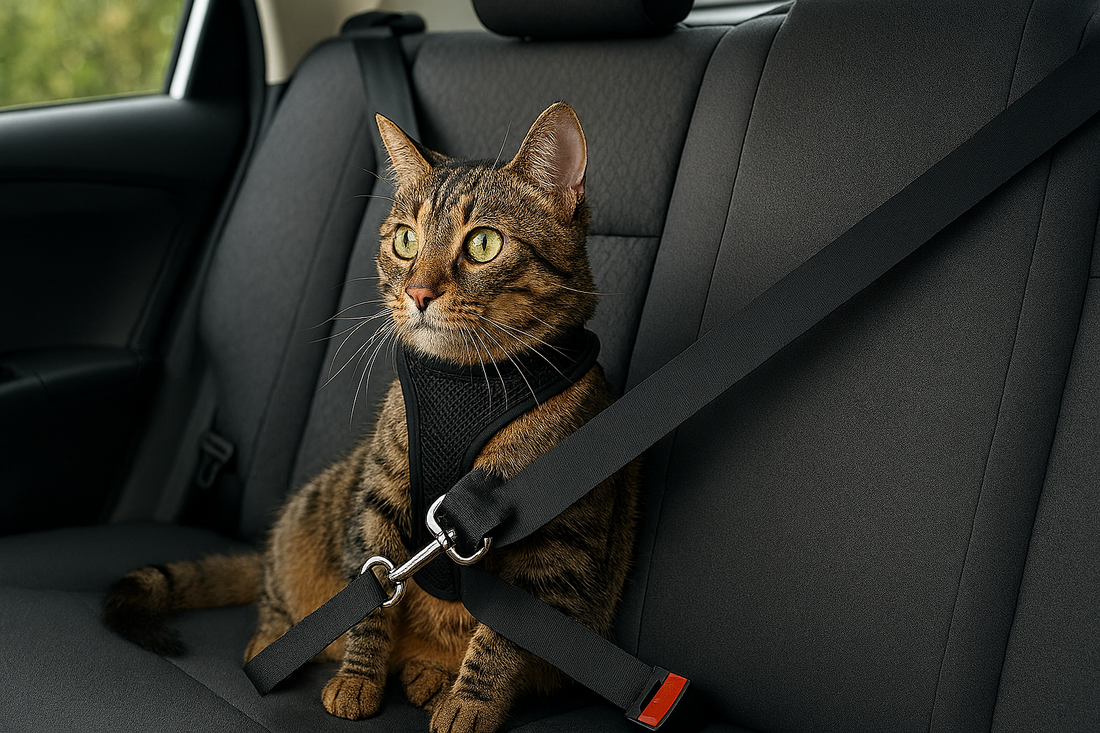 Cat wearing a harness and sitting in a car seat with a visible seat belt.