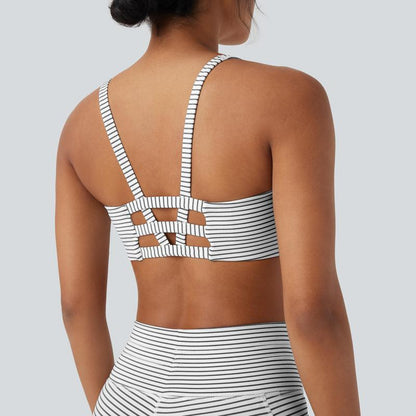 Halara 2-Piece Low Support U Neck Cut Out Stripe Yoga Sports Bra & High Waisted Drawstring Striped Yoga Pants with Pockets Set