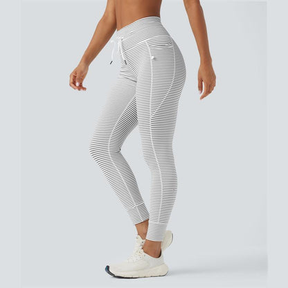 Halara 2-Piece Low Support U Neck Cut Out Stripe Yoga Sports Bra & High Waisted Drawstring Striped Yoga Pants with Pockets Set